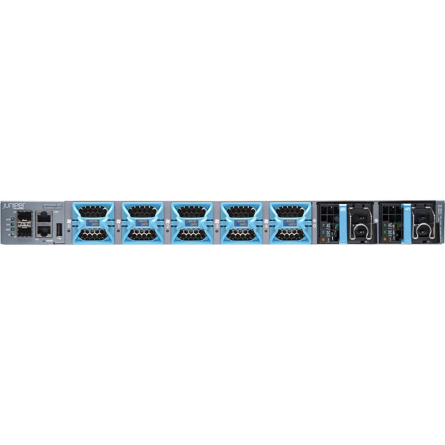 Juniper QFX5200-32C-AFI-T2 1U switch with 32 x 100G ports, dual AC power supplies, and flexible airflow