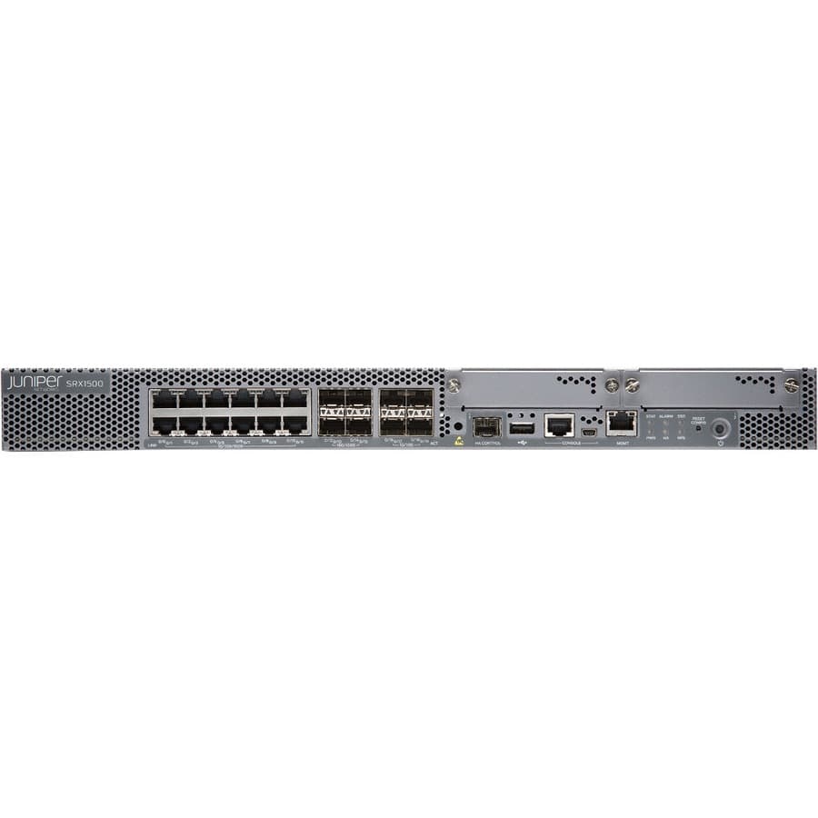 Juniper SRX1500-DC 1U firewall with DC power, 100 GB SSD, and 12 ports