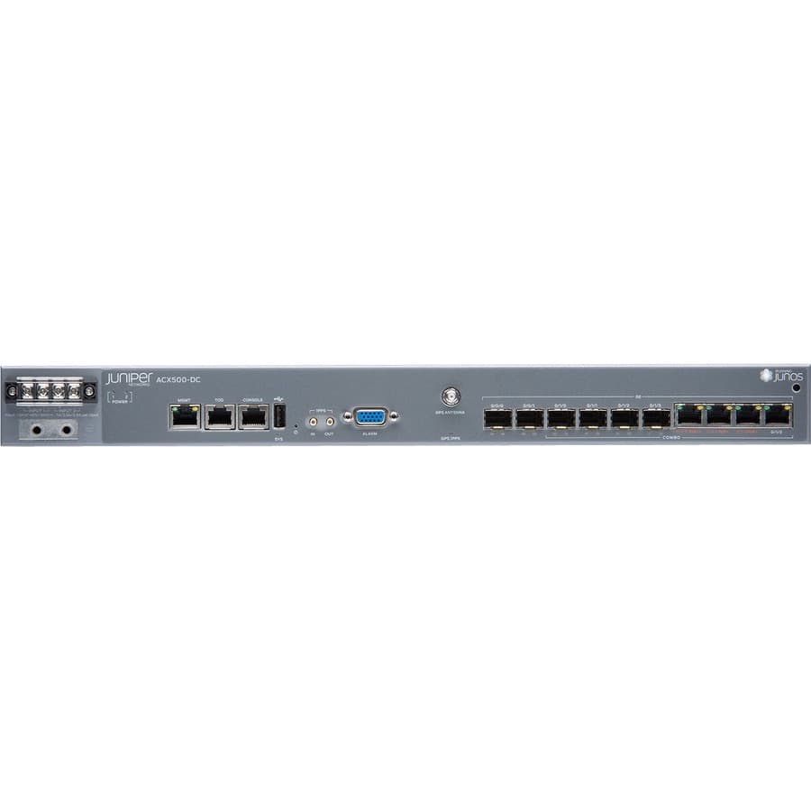Juniper ACX500-DC indoor router with 2 x 1GE SFP ports, 4 x 1GE combo ports, and 1U rack-mountable design