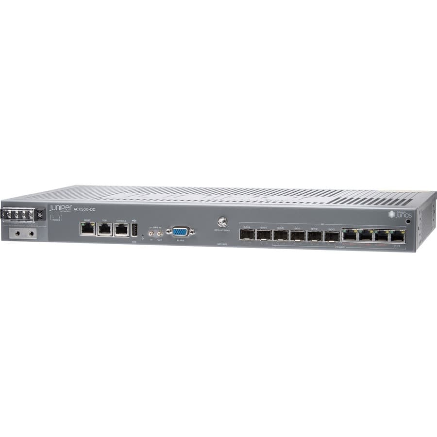 Juniper ACX500-DC indoor router with 2 x 1GE SFP ports, 4 x 1GE combo ports, and 1U rack-mountable design