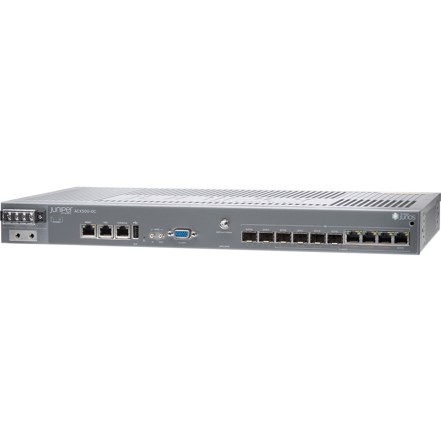Juniper ACX500-DC indoor router with 2 x 1GE SFP ports, 4 x 1GE combo ports, and 1U rack-mountable design