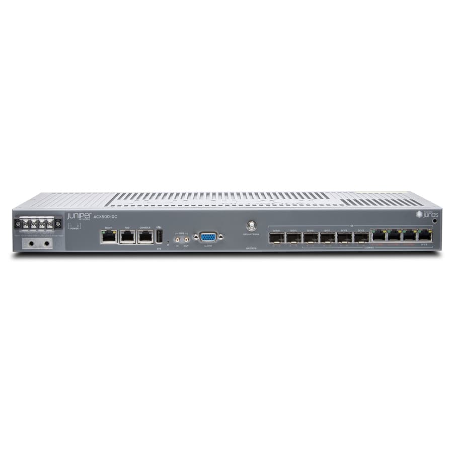 Juniper ACX500-DC indoor router with 2 x 1GE SFP ports, 4 x 1GE combo ports, and 1U rack-mountable design