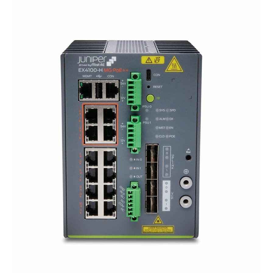 Juniper EX4100-H-12MP hardened 12-port Gigabit Ethernet switch with AC power supply