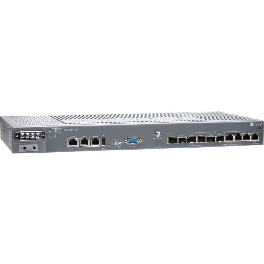 Juniper ACX500-DC indoor router with 2 x 1GE SFP ports, 4 x 1GE combo ports, and 1U rack-mountable design