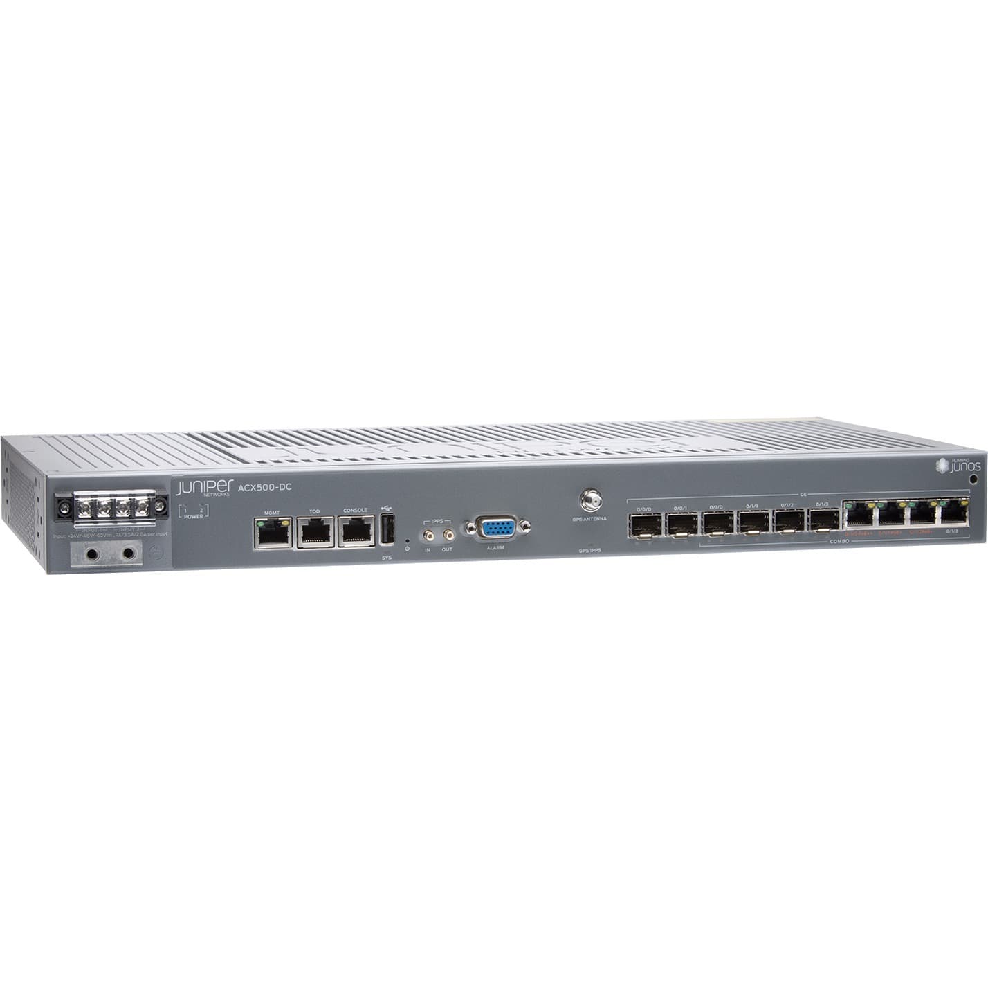 Juniper ACX500-DC indoor router with 2 x 1GE SFP ports, 4 x 1GE combo ports, and 1U rack-mountable design